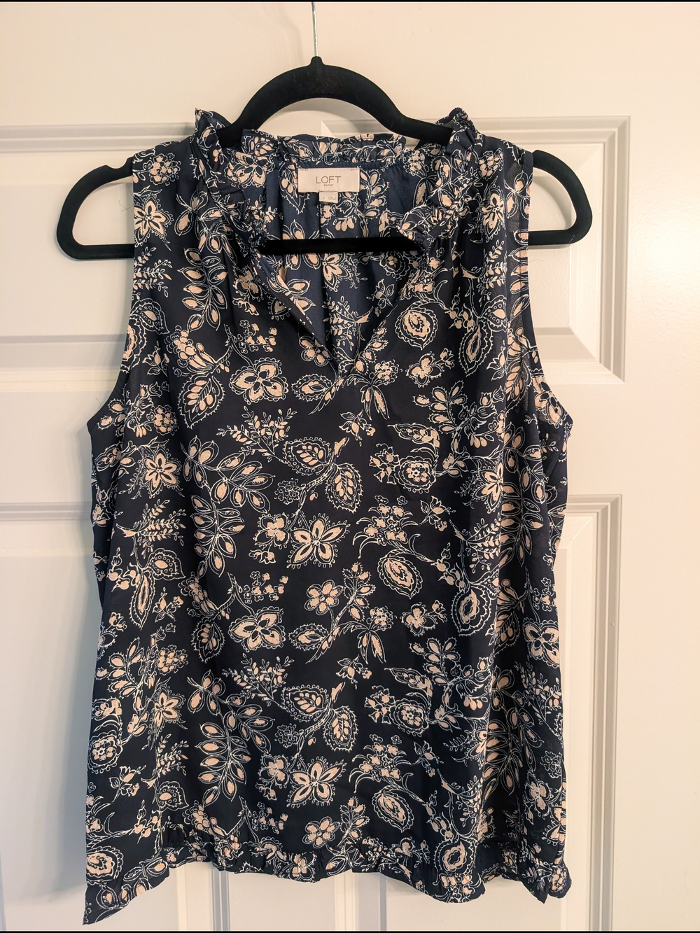 LOFT Navy and Cream Floral Ruffle Neck Sleeveless Top